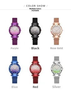 Close-up of star-patterned dials and magnetic mesh bands in six vibrant color variations