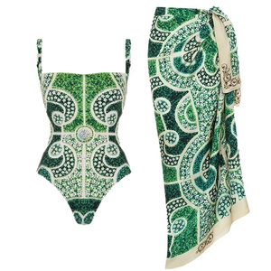 Maillot de bain une pièce imprimé floral vert avec paréo de plage assorti