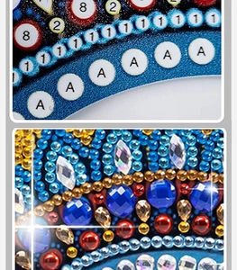 Macro detail of DIY diamond painting kit showing printed canvas symbols and sparkly rhinestones