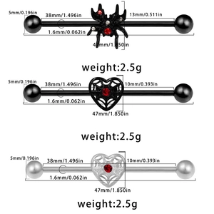 Detailed size chart for spider and heart industrial barbells with red zircon stones