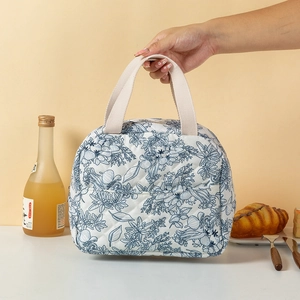 Bolsa térmica acolchada con flores azules y asas resistentes para almuerzo y viaje