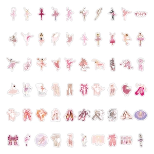 Close-up of pink ballet stickers showing dancers, pointe shoes and ribbons for laptops