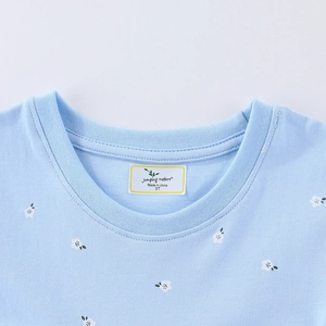 Short sleeve light blue knit princess dress for girls with white floral print