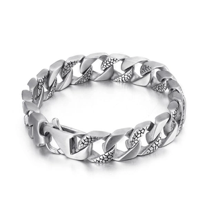 Men's silver stainless steel snake scale link bracelet with a polished finish and clasp