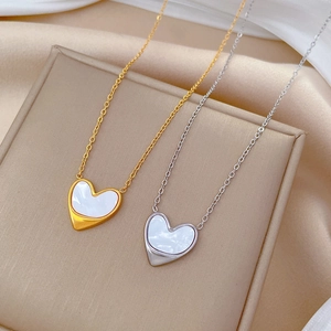 Minimalist titanium steel heart pendant necklace with shell inlay in gold and silver finish
