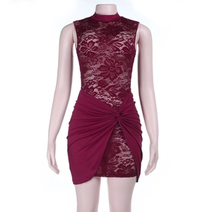 Sexy wine red lace hollow out bodycon dress with high neck and sleeveless design