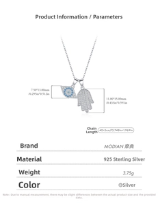 Detailed size chart for 925 sterling silver Hamsa and Evil Eye pendant necklace