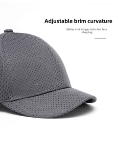 Detail of grey mesh baseball cap featuring a foldable brim and widened sunshade design