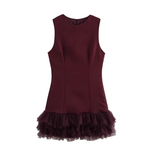 Burgundy sleeveless mini dress featuring elegant layered mesh patchwork ruffled hemline