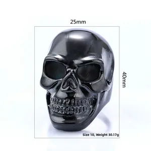 Detail view of large black skull ring with dimensions 25x40mm and 10# size specs