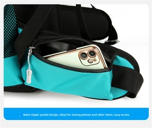 Detail of the waist zipper pocket on the hiking backpack showing large phone storage capacity