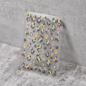 Detail showing 3D embossed nail stickers with vintage birds, clocks, and pink rose designs