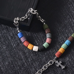 Irregular colored volcanic stone and titanium steel cross link bracelet set for daily wear