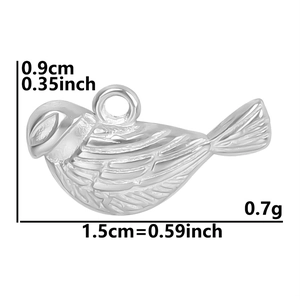 Macro shot of silver bird pendant with detailed size measurements 1.5cm by 0.9cm