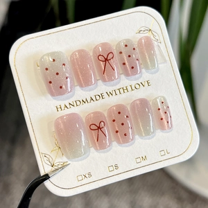 Handmade Press On Nails Pink Gradient Cat Eye Effect Red Bowknot Polka Dot Sweet Girly Style Square Round Artificial