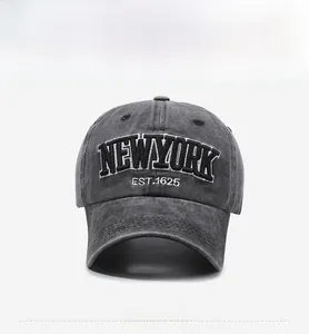 Detail view of New York embroidery on vintage charcoal washed cotton baseball cap