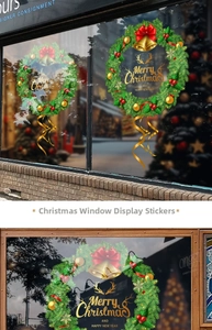 Detailed view of Merry Christmas window sticker with green wreath and golden bells