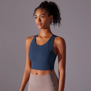 Detail view of navy blue high-impact sports bra with wide straps and matte fabric texture