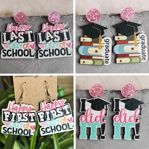 Graduation Theme Dangle Earrings Wood Acrylic Material Book Graduation Cap Print For Student Teacher Teacher Gift