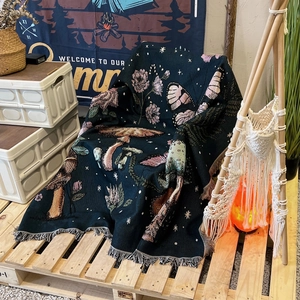 Green bohemian mushroom woven throw blanket with fringes for camping and home decor
