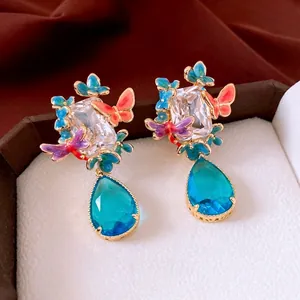 Butterfly Drop Earrings Vintage Enamel Teardrop Colorful Zircon Real Gold Plated Copper Jewelry Silver Earring Post