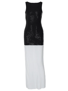 Sleeveless sequined patchwork maxi dress with elegant white pleated skirt detail
