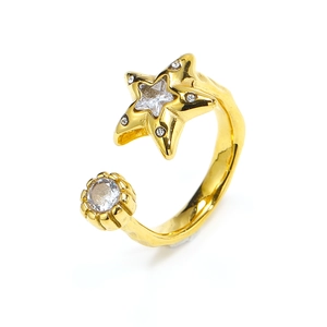 Detail of gold-plated star ring featuring pink zircon inlay and sparkling crystals