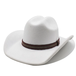 Classic white wool felt western cowboy hat with a decorative ethnic woven band for women