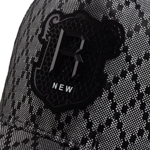 Plaid baseball cap with R logo patch, monochrome woven texture for outdoor sun protection