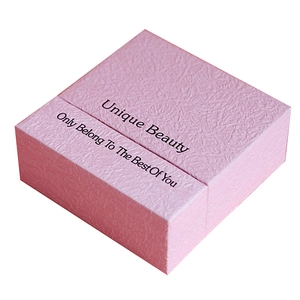 Pink textured paper jewelry gift box for rings and earrings with Unique Beauty text