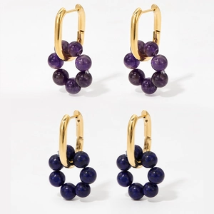 Lapis and purple gemstone beaded stainless steel hoop earrings in gold finish
