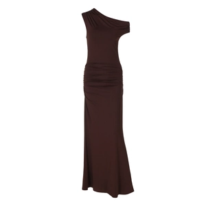 Detail view of ruched waist design on dark brown one-shoulder summer maxi dress