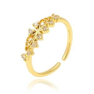 Detailed macro view of 18K gold plated leaf ring with sparkling micro-pave crystals