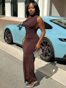 Elegant dark brown one-shoulder ruched maxi dress with slimming fit and sleek texture