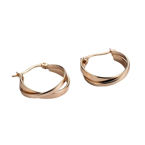Polished gold-plated double hoop crisscross earrings on a clean white background