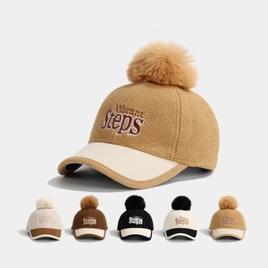 Kids Baseball Cap With Pom Pom Warm Winter Autumn Letter Embroidery Contrast Color Outdoor Fashion Hat For Boys Girls