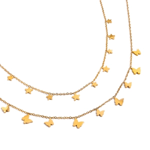 Elegant 18K gold-plated stainless steel layered necklace with star and butterfly pendants