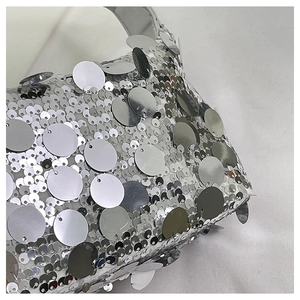 Close-up of sparkling silver sequins on a trendy handbag showing detailed craftsmanship