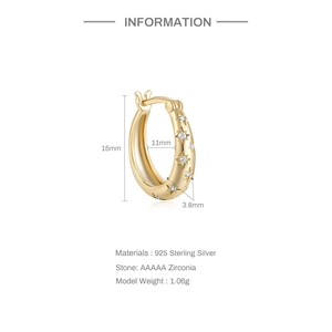 Macro shot of gold-plated S925 silver hoop earring with star engraving and AAAAA zircons