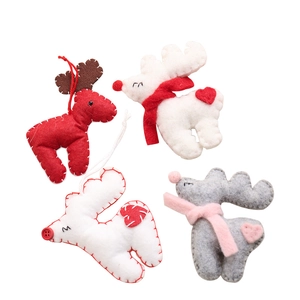 Set of four handmade wool felt Christmas reindeer ornaments in red white and grey colors