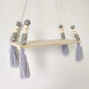 Nordic wooden wall shelf with grey macaron beads and tassels for creative home storage