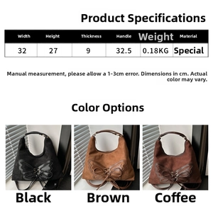 Size chart showing large bow tote dimensions: 32x27x9cm with color options in black and brown