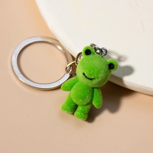 Cute green flocked 3D frog keychain with plush texture and silver metal ring accessory