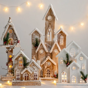 Christmas Wooden Luminous House Street Lamp Ornaments Artificial Snow LED Light Winter Scene Micro Landscape Desktop Decor