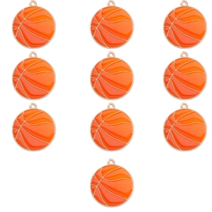 Detail view of ten orange enamel basketball charms with gold alloy trim for jewelry making