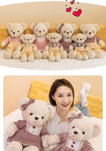 Detailed view of plush teddy bears in checkered outfits in various sizes and colors