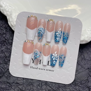 Handmade Press On Nails Extra Long Coffin Shape Blue Glitter Gradient French Tips Rhinestone 3D Flower Glue On Nails