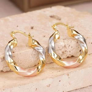 Detailed macro view of tricolor twisted hoop earrings with gold, silver and rose gold finish
