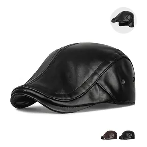 Berretto Ivy Da Uomo In Pelle PU Inverno Caldo Foderato In Pile Cappello Piatto Con Paraorecchie All Aperto Antivento Stile Vintage