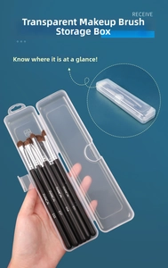 Transparent makeup brush storage box with secure latch showing five black brushes